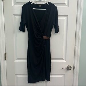 Tommy Bahama Black Faux Wrap Womens Dress Wooden Embellishment Deep V-Neck Pleat